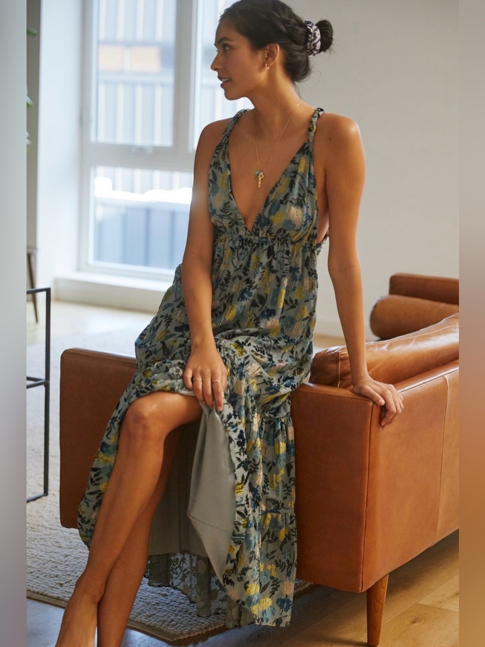Anthropologie Burnout Velvet Midi Dress Floral Tiered Cross-Back Blue Small NWT - Picture 3 of 14